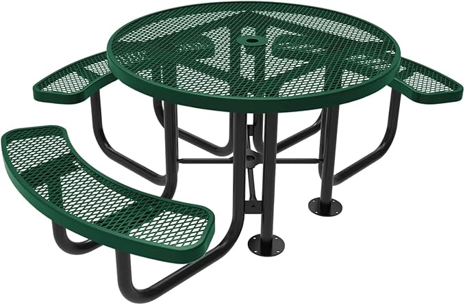 COATEDOUTDOORFURNITURE Heavy-Duty Portable Outdoor Picnic Table with Umbrella Hole, Expanded Metal Patio Dining Furniture Made in America (46" Round Top, Textured Green)