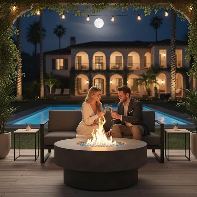Outdoor Fire Pit Table Propane Gas Fire pits Outdoor Fireplaces 33'' Round Firepit Table, 50,000 BTU Fire Table for Patio Set, Grey.