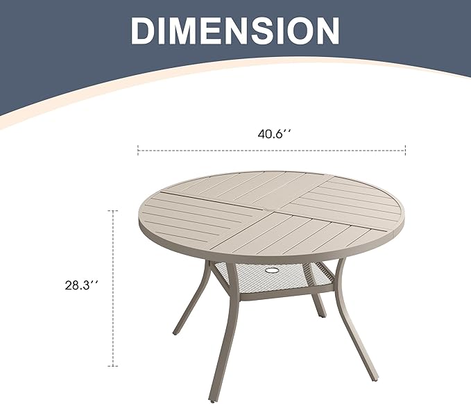 VICLLAX Round Patio Dining Table, 4 Person Metal Outdoor Dining Table with Umbrella Hole and Storage Shelf for Garden Lawn Deck, 40.6" Sandshell