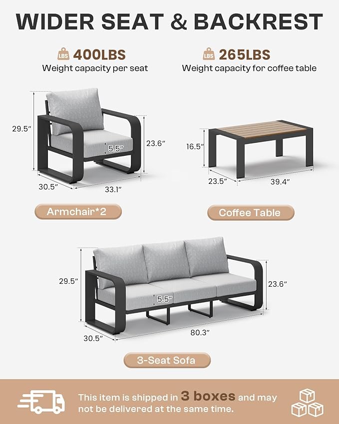 Oasbira Aluminum Outdoor Patio Furniture Set, 4 Piece Oversized Patio Conversation Sets Widened Armrest & Ultra-Thick Cushions, Heavy Duty Modern Sectional Furniture for Backyard, Porch, Gray
