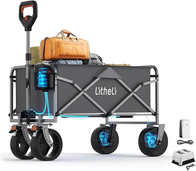 Litheli Electric Collapsible Wagon Cart with Brakes, 100L Grocery Cart with Wheels,Easy to Carry Folding Wagon and Dual Port Charger for Camping, Gardening, Shopping
