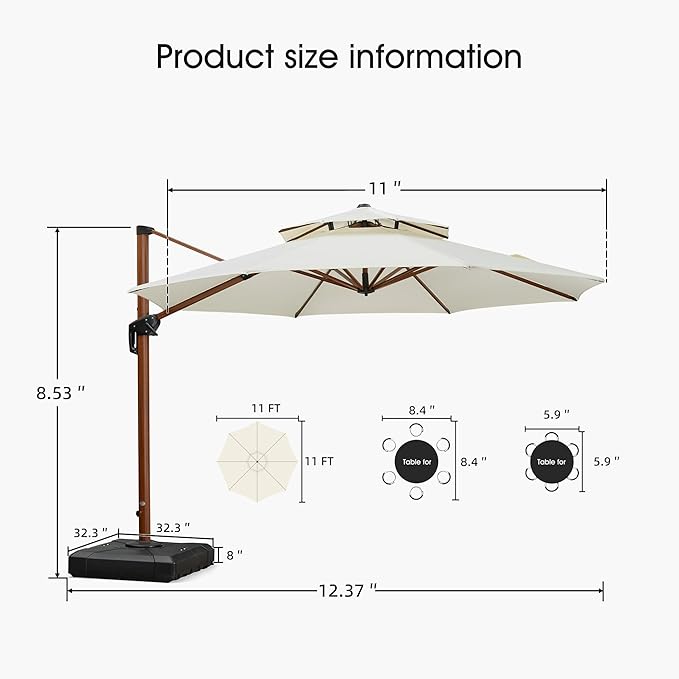 PURPLE LEAF Large 11ft Cream Cantilever Umbrella with Base, Windproof, UV Resistant Fabric
