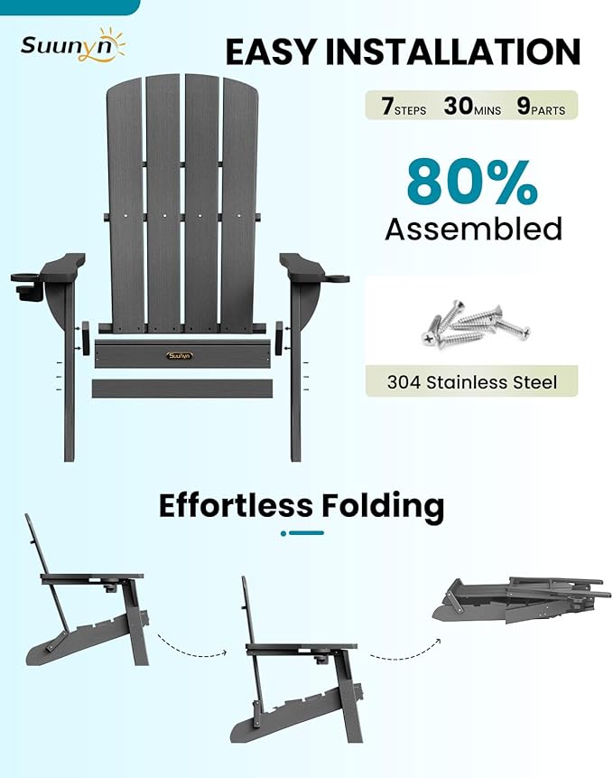 Folding Adirondack Chair 4 Pack, HDPE All-Weather Fire Pit Chairs, Plastic Adirondack Chairs with 2 Cup Holder, Outdoor Lawn Chair for Patio Garden (Grey)