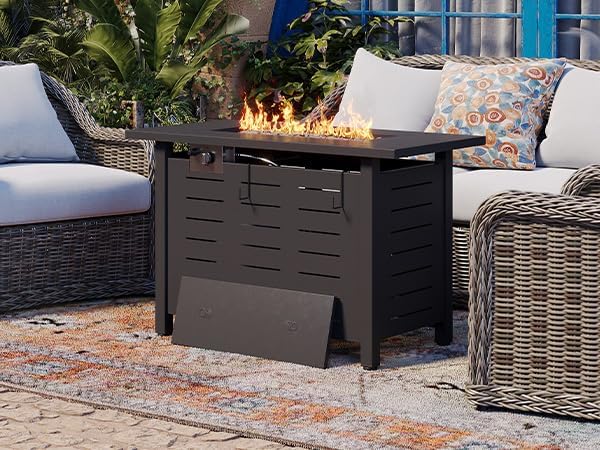 Aoxun 40 Inch Outdoor Propane Fire Pit - 50,000 BTU Gas Fire Pit Table with Lava Rocks, Patio Heater Rectangle Fire Table with Removable Lid & Waterproof Cover for Deck, Backyard, Garden, Black