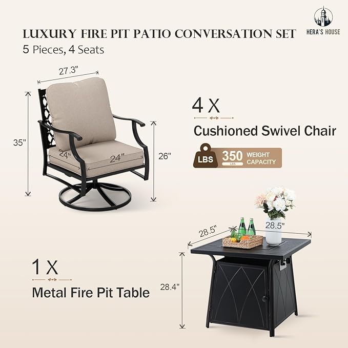HERA'S HOUSE 5 Pieces Fire Pit Patio Furniture Set, 4 x Thick Cushioned Swivel Chairs with 28" Fire Pit Table (50,000 BTU), Outdoor Conversation Set for Garden, Backyard, Lawn