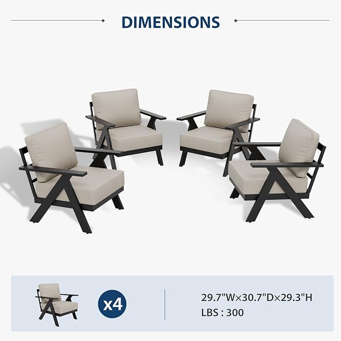 Urban Anvil 4 Pieces Patio Furniture Outdoor Metal Armchairs, All-Weather Patio Accent Chairs with Cushions for Balcony, Porch, Deck, Black/Beige