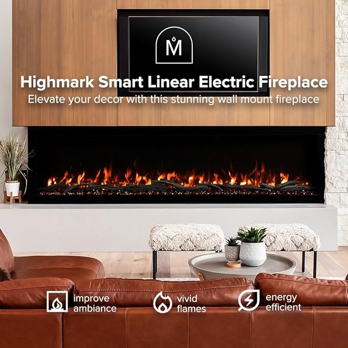 Modern Ember Highmark 100 Inch Smart Linear Electric Fireplace - Premium Flame with 10 Colors, Sleek Hidden Vent Design, Install Recessed in-Wall or Wall-Mount, WiFi Enabled