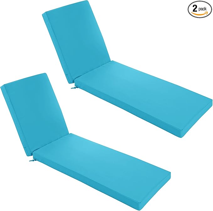 Chaise Lounge Cushions Outdoor Set of 2 - Waterproof and Fade Resistant Sun Lounger Replacement Cushions - Patio Lounger Pads with Removable Cover for Pool, Deck, Lawn, 72 x 21 x 3 Inch, Teal