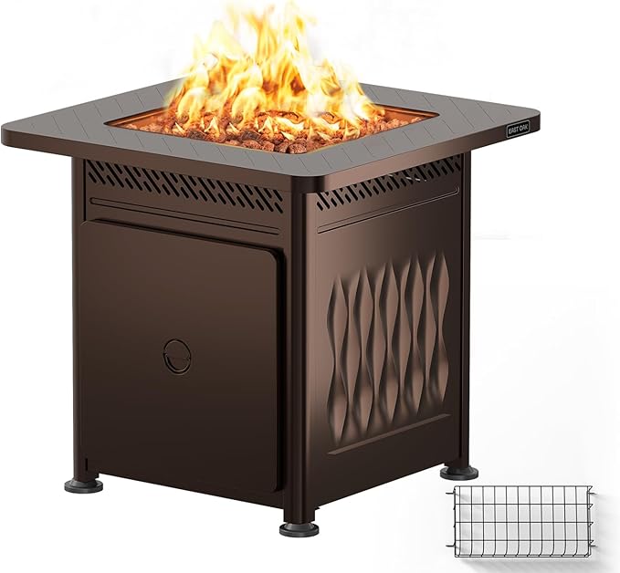 EAST OAK 28" Upgraded Outdoor Propane Fire Pit Table | 52,000 BTU Gas Fire Pit Table for Outside with Magnetic Lid | Storage Basket & Lava Rocks | CSA Certified for Patio, Garden & Backyard | Brown
