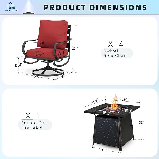 MFSTUDIO 5 Pieces Patio Conversation Sets, Outdoor Metal Furniture Sofas with 1 x 28 Square Propane Gas Fire Pit Table and 4 x Steel Frame Patio Sofa Swivel Chairs with Burgundy Red Cushion