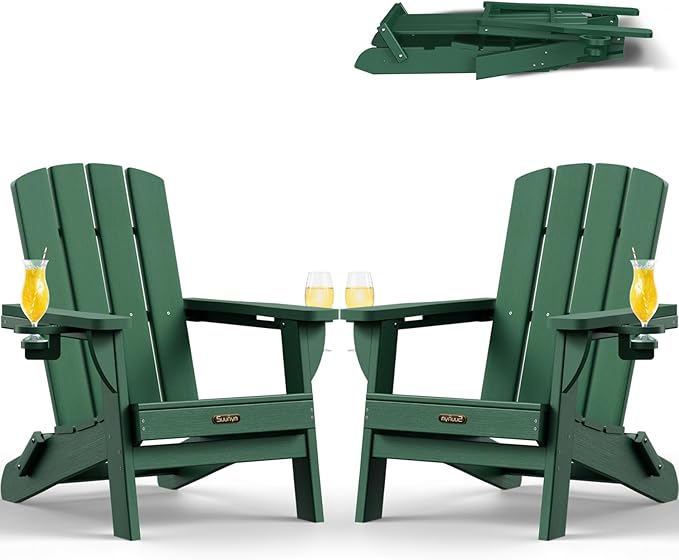Folding Adirondack Chair 2 Pack, HDPE All-Weather Fire Pit Chairs, Plastic Adirondack Chairs with 2 Cup Holder, Outdoor Lawn Chair for Patio Garden (Green)