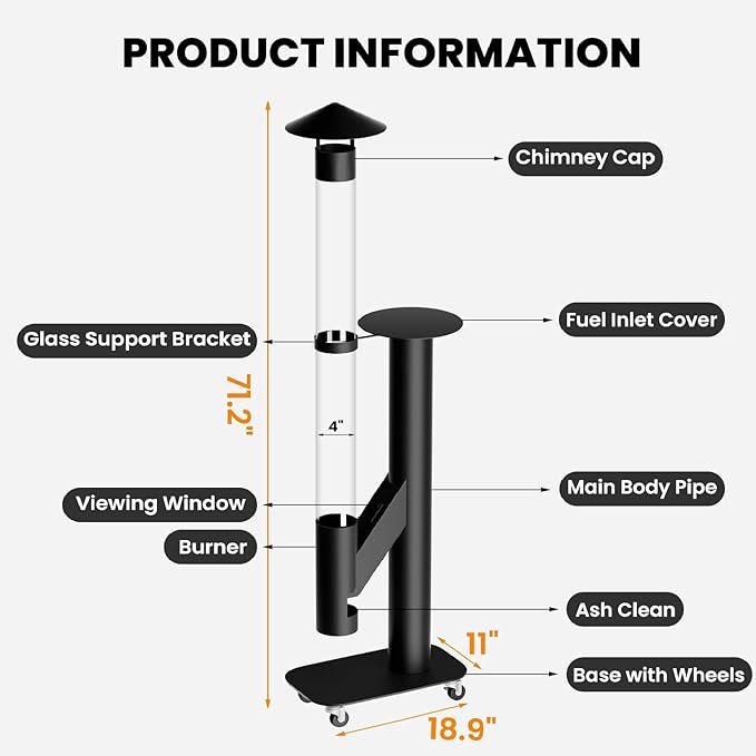 DoCred Patio Pellet Heater, 71.2" H Wood Pellet Heaters Including Thickened Base with Wheels, Smokeless Glass Fire Tube Heater Outdoor Metal Fire Pit for Patio, Backyard, Camping, Porch & Garden