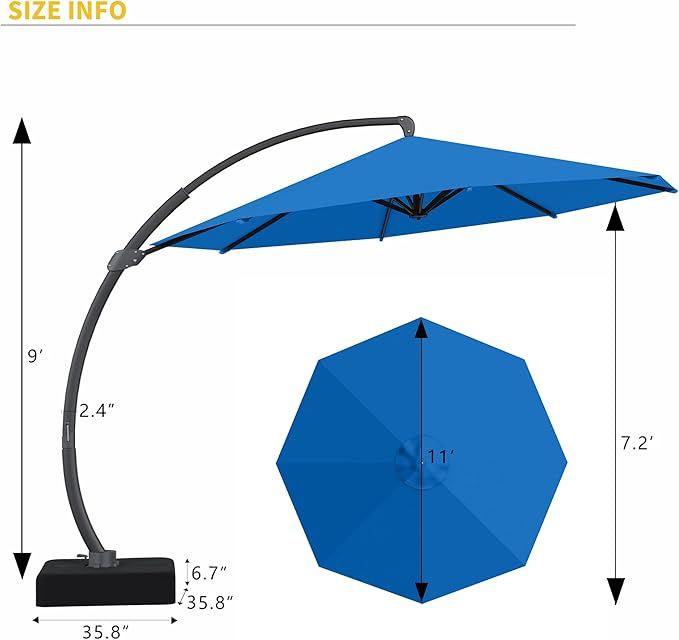 Kingdura 11ft Cantilever Patio Umbrella with Base Included, Large Round Offset Outdoor Pool Umbrella, 360° Rotation & Infinite Tilt, Heavy Duty Aluminum Frame for Deck Backyard, Royal blue