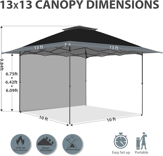 EAGLE PEAK 13x13 Pop up Canopy Tent w/One Wall, Instant Canopy Easy Set up Folding Shelter w/One Privacy Curtain, 169 Square Feet Sun Shade, Black/Gray