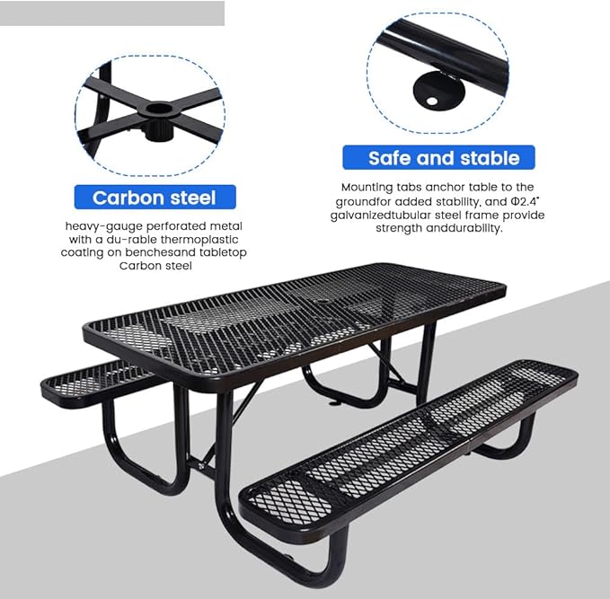 KUFUH 72" Rectangular Metal Picnic Table for 4-8 Person, Durable Heavy Duty Commercial Picnic Table with Umbrella Hole for Outdoor Coffee Shop, School, Hospital, Easy to Install, Black