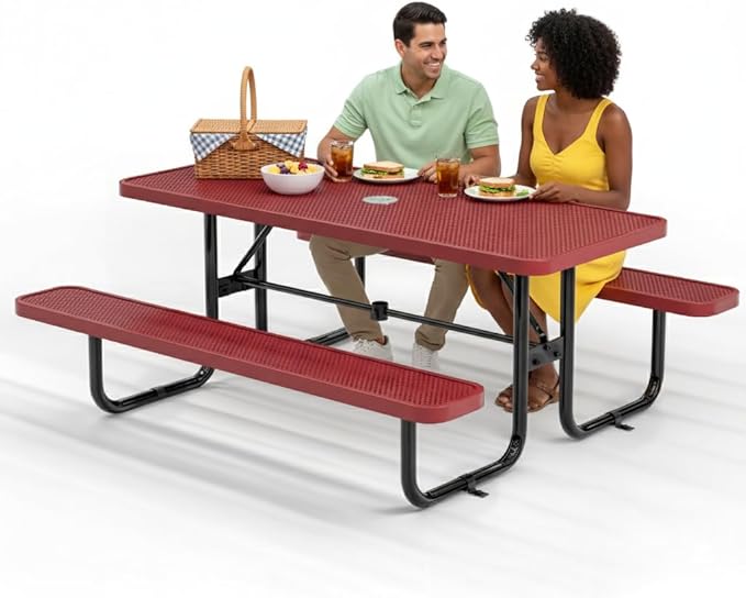 Commercial Heavy-Duty Metal Picnic Table - ADA Compliant, Adjustable Seats, Umbrella Hole (Red, 6' Rectangular, Punched Steel)