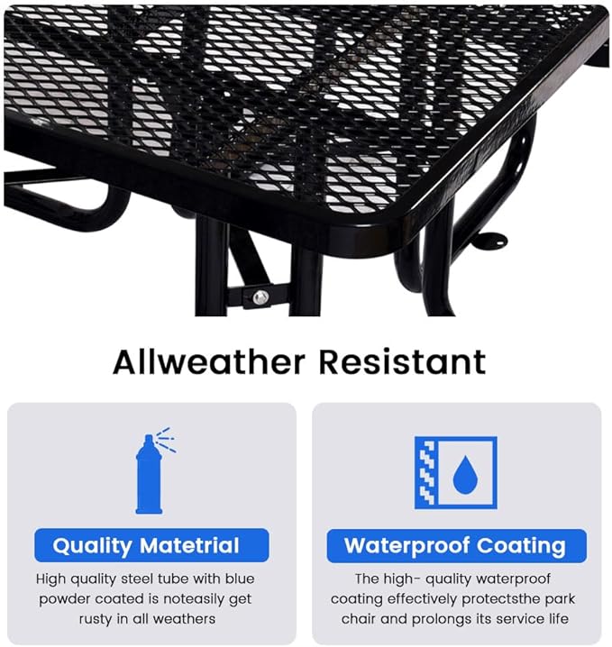 KUFUH 46" Square Metal Picnic Table for 4-8 Person, Durable Heavy Duty Commercial Picnic Table with Umbrella Hole for Outdoor Coffee Shop, School, Hospital, Easy to Install, Black