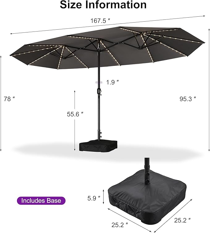 PURPLE LEAF 14ft Patio Market Umbrella with Solar LED and Base Double-Sided Rectangle Outdoor Table Sun Umbrellas with Crank for Pool Beach Deck Backyard Light Gray