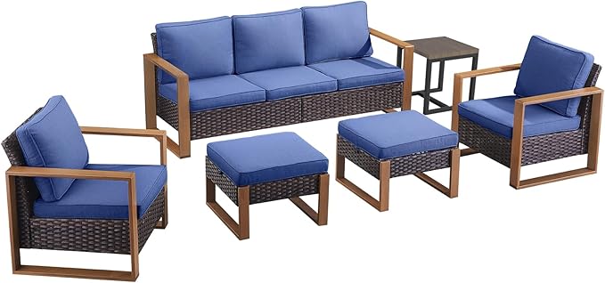 Rilyson Outdoor Wicker Patio Furniture Set - 6 Piece Patio Conversation Set with 2 Wicker Armrest Chairs,2 Rattan Ottoman,1 Side Table and 1 Couch,Sturdy Frame,Thick Cushions,Deep Seating(Brown/Blue)