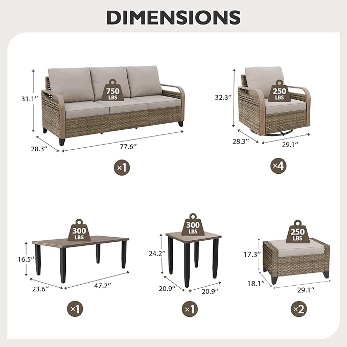 EAGLE PEAK Modern Wicker Outdoor Patio Furniture Set, Patio Conversation Set, 4 Swivel Rocker Chairs, 3-Seat Loveseat, 2 Ottomans, Coffee Table and Side Table, 9 Pieces, Brown/Gray