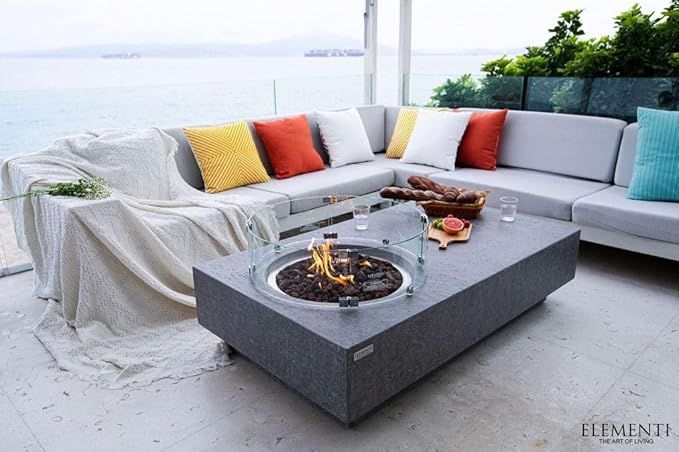 Elementi | Bundle Metropolis Gas Fire Pit Cast Concrete 56" Rectangular Fire Table, Outdoor Fire Pit Electronic Ignition | Canvas Cover, Lava Rock Included | Light Gray (Propane Gas)