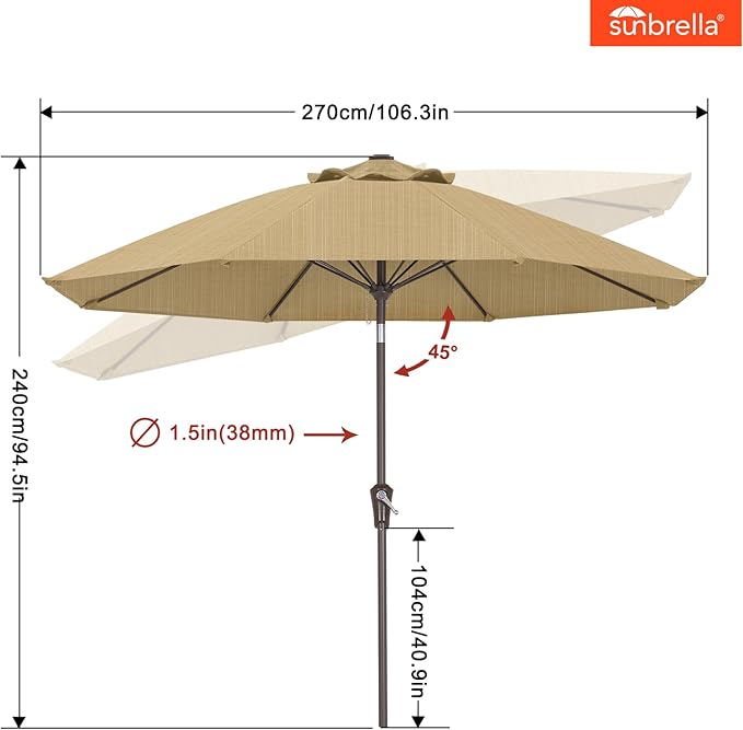 ABCCANOPY 10-Year No Fading 9FT Patio Umbrella, Acrylic Outdoor Table Umbrella with 8 Sturdy Ribs for Deck, Backyard, Garden, Yard (Khaki)