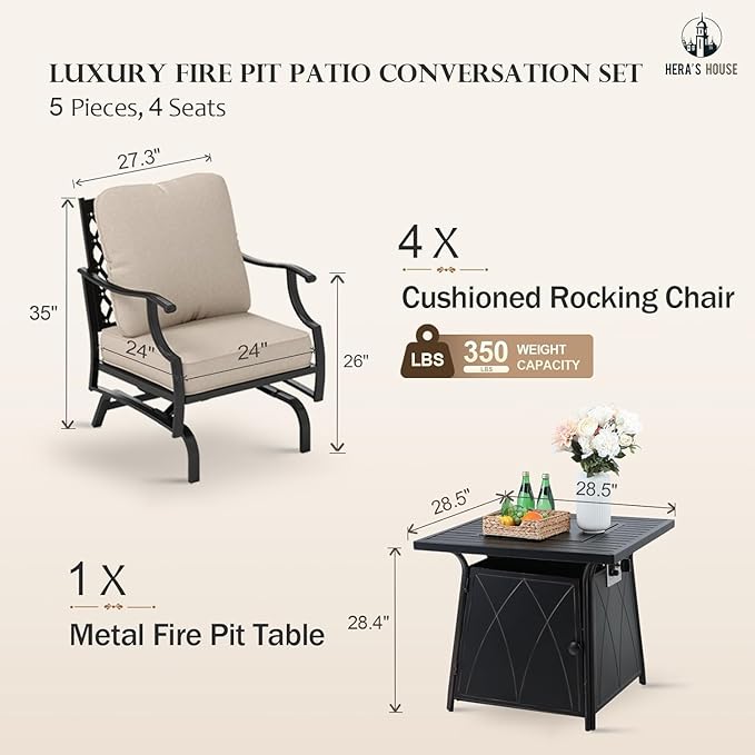 HERA'S HOUSE 5 Pieces Patio Furniture Set with Fire Pit Table, 4 x Thick Cushioned Rocking Chairs, 1 x 28 Fire Pit Table (50,000 BTU), Outdoor Conversation Set for Garden Backyard Lawn Deck