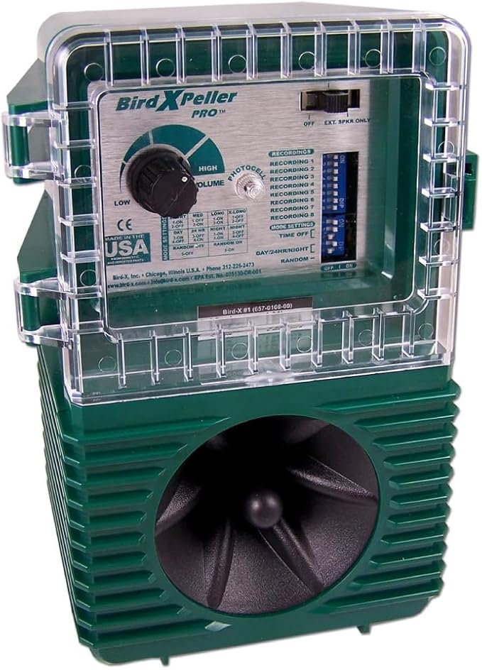 Bird-X BirdXPeller Pro Electronic Bird Preventer Version 1, Sonic Bird Decoy Device, Perfect for Pigeons, Starlings, Sparrows, and Gulls, Covers up to 1 Acre, 3-5 kHz Frequency