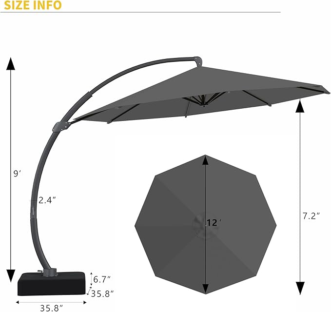 Kingdura 12ft Cantilever Patio Umbrella with Base Included, Large Round Offset Outdoor Pool Umbrella, 360° Rotation & Infinite Tilt, Heavy Duty Aluminum Frame for Deck Backyard, Grey