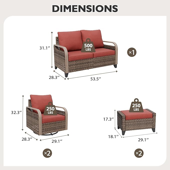 EAGLE PEAK Modern Wicker Outdoor Patio Furniture Set, Patio Conversation Set, 2 Swivel Rocking Chairs, 2-Seat Loveseat and 2 Ottomans, 5 Pieces, Brown/Red