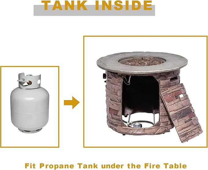 COSIEST Outdoor Propane Concrete Fire Pit Table w Imitation Stone Surface 32-inch Round Fire Table, Certified, 40,000 BTU Stainless Steel Burner, Free Lava Rocks, Fits 20lb Tank Inside