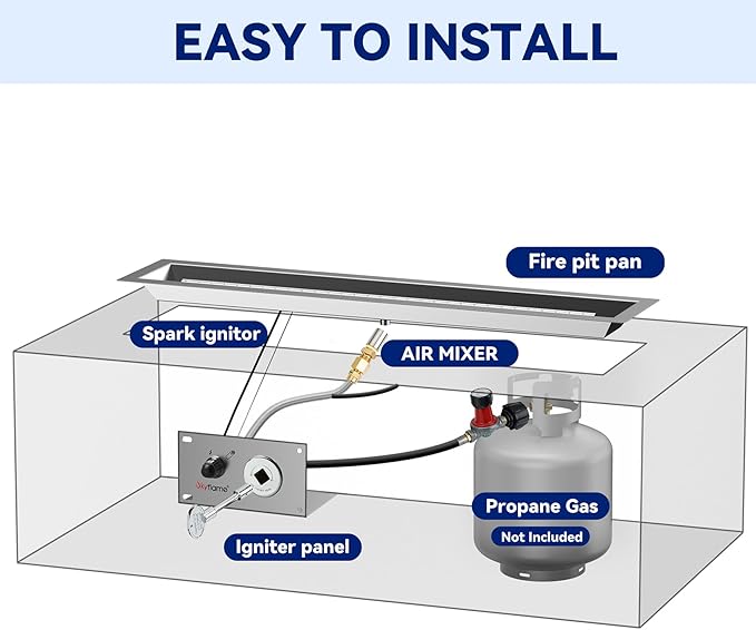 Skyflame 48 x 6 Inch Liner Fire Pit Pan Kit, Stainless Steel Drop-in Fire Pit Pan and Burner, Come with Spark Ignition and Propane Hose, Indoor/Outdoor Fire Table DIY Decorative