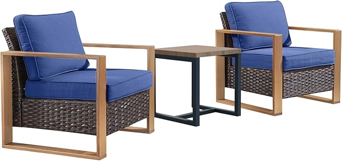 Rilyson 3 Piece Wicker Patio Furniture Set,Patio Bistro Set with 2 Rattan Armrest Chairs and 1 Side Table,Sturdy Frame,All-Weather PE Wicker,Wide Armrest,Deep Seating and Thick Cushions(Brown/Blue)