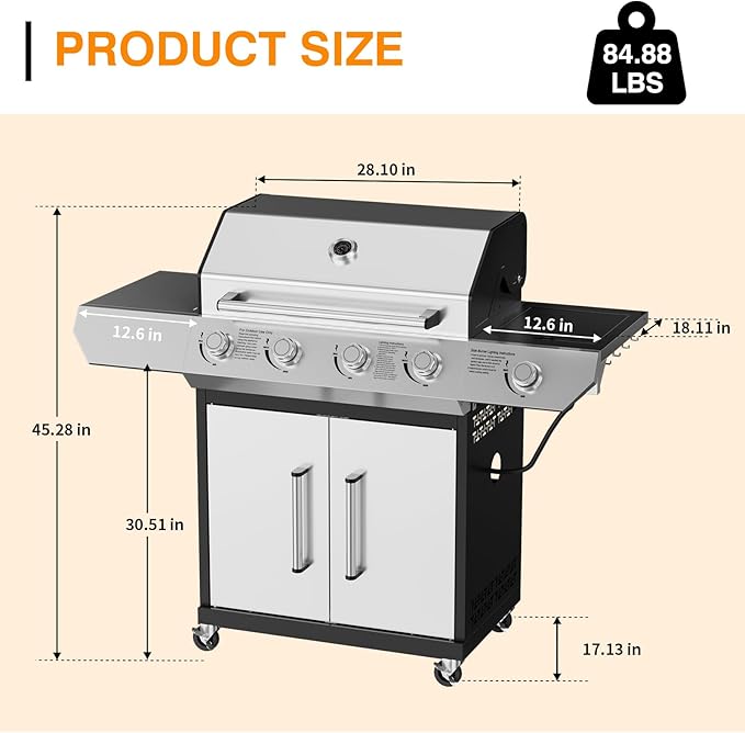 4-Burner Propane Gas Grill with Side Burner Led Knob, 60,000 BTU Stainless Steel Outdoor BBQ Grill with Porcelain-Enameled Cast Iron Grates for Outdoor Cooking