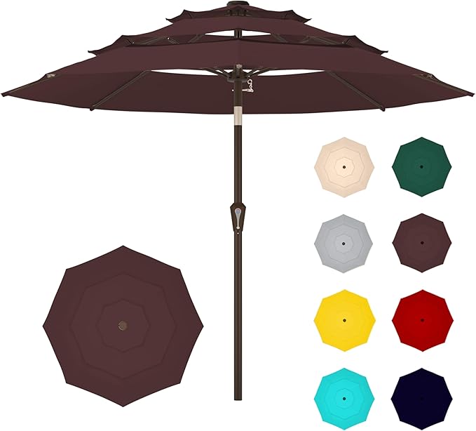 Ayge 9FT 3-Tier Large Outdoor Patio Umbrella Market Table Umbrella-UV Resistant,Easy Push Button Tilt and Crank,8 Sturdy Fiberglass Ribs Heavy-Duty Pool Umbrella for Deck,Backyard,Garden,Yard,Brown