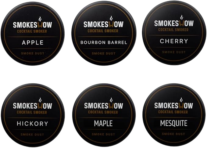 Wood Chips for Cocktail Smoker 4 oz tins. Apple, Hickory, Cherry, Bourbon Soaked Oak, Maple & Mesquite (6-Pack - All Wood Chips)