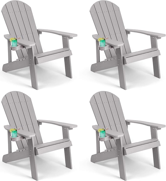 Adirondack Chairs Set of 4, All Weather Resistant Plastic Chairs with Cup Holder, 5 Easy Steps to Install, Outdoor Chairs for Patio, Garden, Backyard Deck, Lawn, Fire Pit - Grey