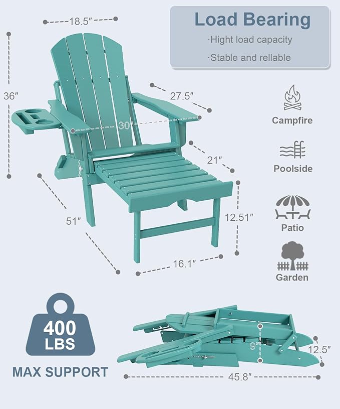 Adjustable Adirondack Chair with Retractable Ottoman Set of 4, HDPE Folding Adirondack Chair with Cup Holder, All Weather Fire Pit Chair for Outdoor.
