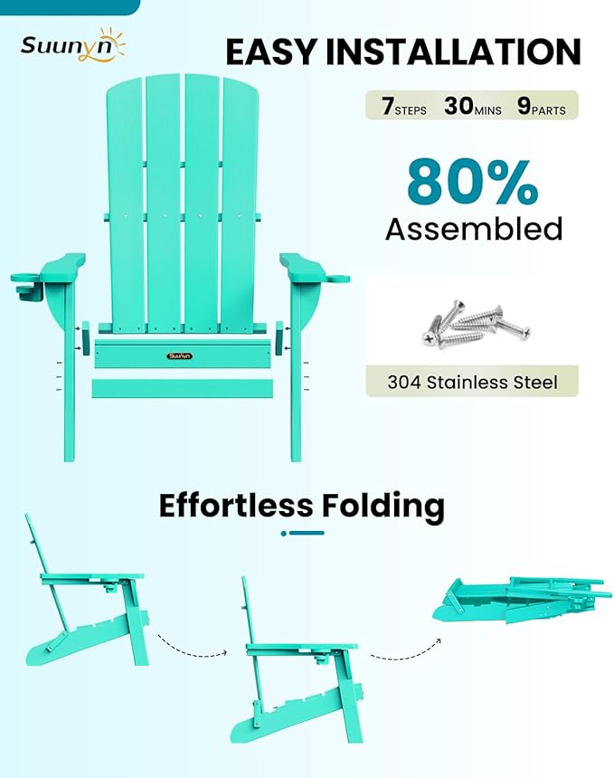 Folding Adirondack Chair 6 Pack, HDPE All-Weather Fire Pit Chairs, Plastic Adirondack Chairs with 2 Cup Holder, Outdoor Lawn Chair for Patio Garden (Lake Blue)