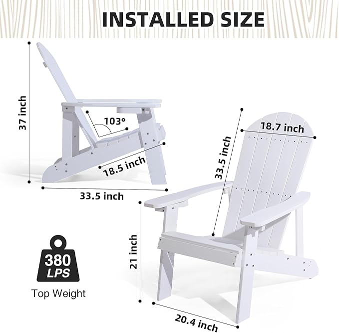Adirondack Chairs Set of 2, All Weather Resistant Plastic Chairs with Cup Holder, 5 Easy Steps to Install, Outdoor Chairs for Patio, Garden, Backyard Deck, Lawn, Fire Pit - White