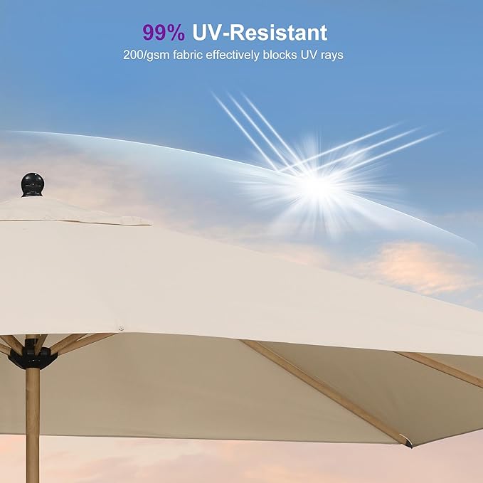 PURPLE LEAF 9' x 11.5' Patio Umbrella with Base Outdoor Umbrella Market Umbrella with Crank & 8 Ribs Aluminum Rectangular Table Umbrella Outdoor Patio for Backyard, Beige