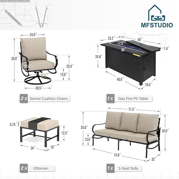 MFSTUDIO 6 Pieces Patio Furniture Sets with 45" Gas Fire Pit Table(Up to 7 Seat),Outdoor Metal Conversation Sofas with 1 x 3-Seat Sofa, 2 Swivel Chairs and 2 Ottoman,Beige Cushion