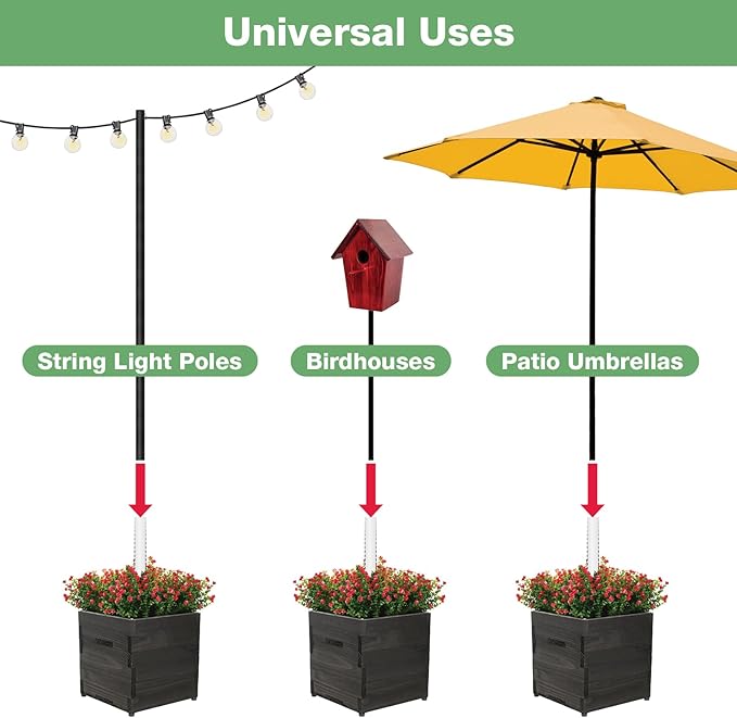 Extra Large Decorative Wooden Planter w/ Universal Pole Support for String Light Poles, Umbrellas, Bird Feeders. Solid Wood Outdoor Garden Box for Plants(Does not include Pole), 17"x17"x18", Black