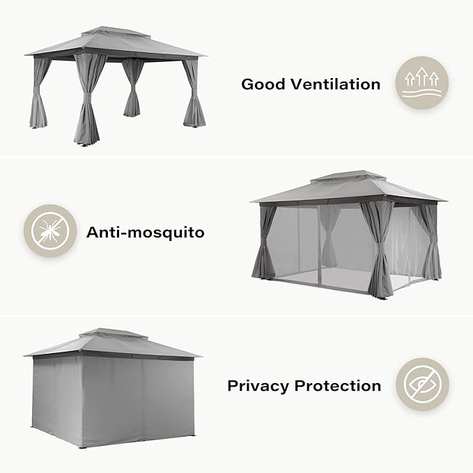 LAUSAINT HOME Gazebo 10x13ft, Heavy Duty Patio Gazebo with Expansion Bolts, Party Canopy Tent with Double Roofs, Mosquito Nettings and Privacy Screens for Backyard, Garden, Lawn, Grey