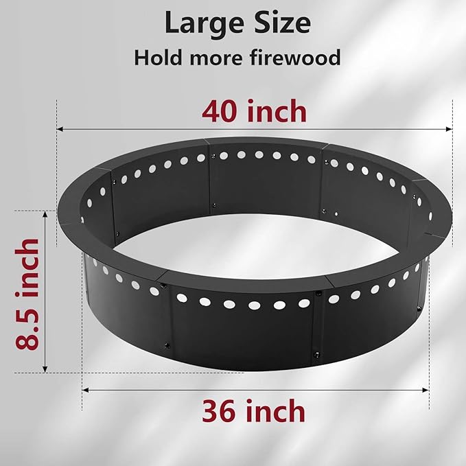 36 Inch Fire Pit Ring Smokeless, 40'' Outer Wood Burning Bonfire, Heavy Duty Solid Steel Round Fireplace, Rust-Proof, DIY Campfire Ring, Outdoor Above or In-Ground, for Patio, Camping, Yard