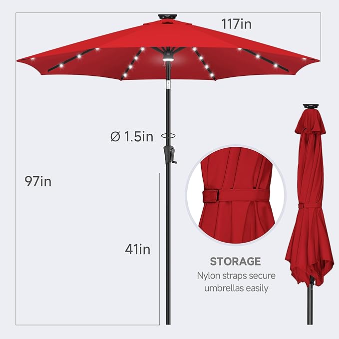 FLAME&SHADE 10 ft Solar Powered Outdoor Market Patio Table Umbrella with LED Lights and Tilt, Red