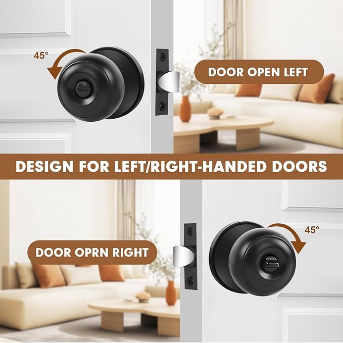 RAZCC Privacy Door Knobs, 8 Pack Matte Black Door Knobs with Lock, Bed and Bath Door Knob Interior Keyless Locksets, Round Door Handles Reversible for Left Right Handed Doors