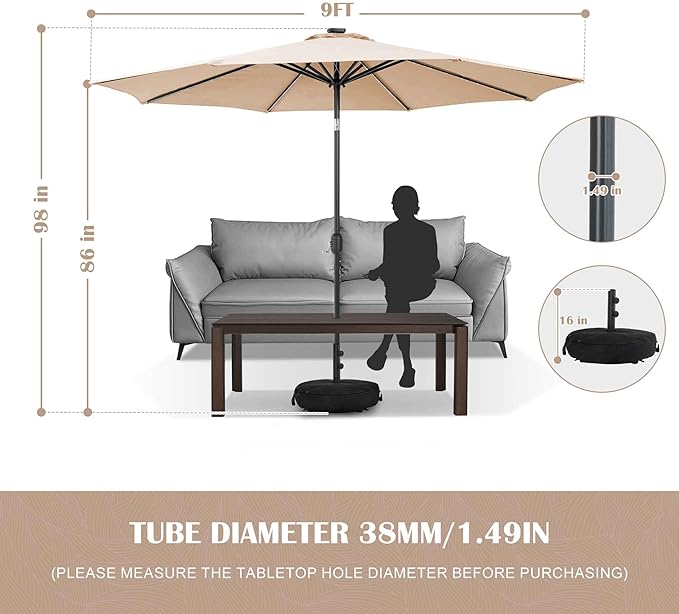Sundale Outdoor Olefin 5-Year-Non-Fading Solar 80 LED 9 FT Solar Patio Umbrella with Sand Bag Base, Outdoor Umbrella with Tilt and Crank, Tan