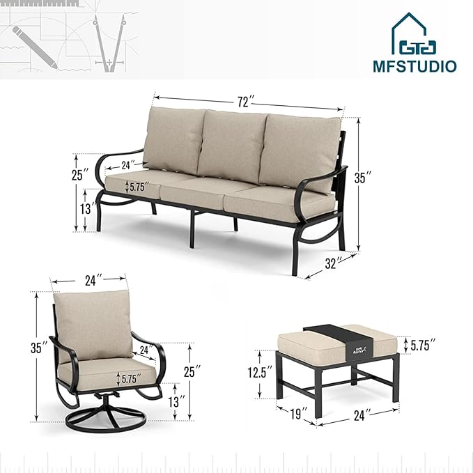 MFSTUDIO 5 Pieces Patio Conversation Sets,Outdoor Metal Furniture Sofas with 1 x 3-Seat Sofa, 2 x Swivel Chairs,2 x Ottoman,Wrought Iron Frame with Beige Cushion for Patio Courtyard Balcony