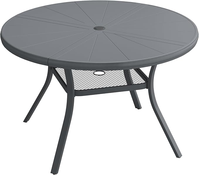 VICLLAX Round Patio Dining Table, 4 Person Aluminum Outdoor Dining Table with Umbrella Hole and Storage Shelf for Garden Lawn Deck, 40.6" Dark Grey